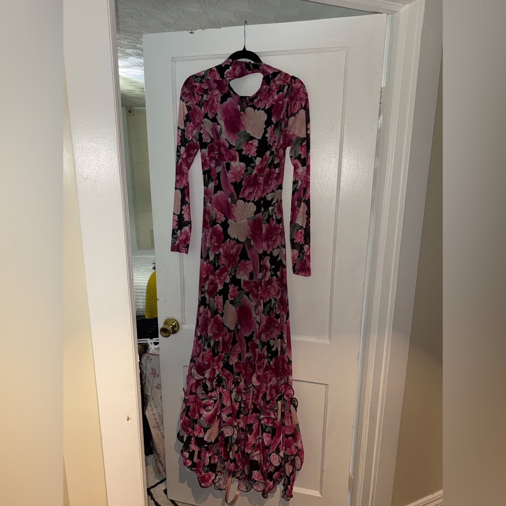 Lulus Emilina Black And Magenta Floral Mock Neck Maxi Dress - Size L - Picture 2 of 5